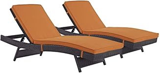 DEVOKO Adjustable Outdoor Chaise Lounge Chair Rattan Wicker Patio Lounge Chair Set of 2 for Garden, Deck, Lawn, Poolside, Balcony (Dark Brown & Orange)