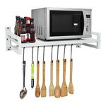 Livzing Wall Mount Microwave Oven Rack - Metal Holder Storage Stand - Cooker Utensils Dish Shelf Organizer with Hooks for Home & Kitchen Appliances - White, Floating Shelves