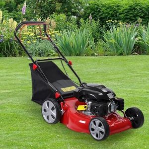 Self Propelled Gas Lawn Mower,20 Inch Lawn Machine Adjustable Length 141cc Gas Engine Mower Ergonomic Handle 2850rpm Walk Behind Mower with 50L Grass Tank High Rear Wheel for Lawn Care Red
