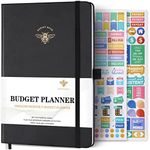 Budget Planner - Monthly Budget Book and Expense Tracker Notebook, Faux Leather Hardcover Financial Organizer, 6.3" x 8.4" Undated Bill Organizer with Pocket + Stickers + Premium Paper - Black