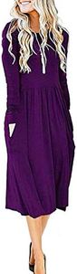 MISFAY Women's Long Sleeve Midi Dress Loose Casual Empire Waist Dresses with Pockets, Purple, Small