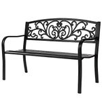 VINGLI Outdoor Bench for Patio Metal Garden Bench w/PVC Back Pattern, Black Park Bench Front Porch Bench for Yard Lawn Decor Deck Entryway (Floral)