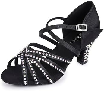 KleeKlcc Rhinestone Ballroom Dance Shoes Women Latin Salsa Dancing Shoes Practice Dance Heels ZB07(11, Black-2.5 Inch Heel)