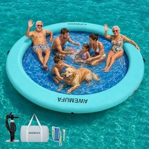 AWEMUFA 12ft Round Floating Ring, Inflatable Water Hammock Boat Float, Heavy Duty Hammock Float Water Mat Inflatable Floating Dock with Mesh for Lake