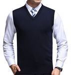 FULIER Mens Winter V-Neck Sleeveless Vest Classic Business Gentleman Knitwear Knitted Waistcoat Sweater Cardigans Tank Tops (Small, Navy)