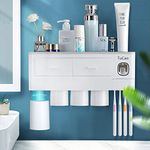 TuCao Automatic Toothpaste Dispenser with Toothbrush Holder Wall Mounted, 7 Toothbrush Slot with Dustproof Cover, 4 Magnetic Cups and Cosmetic Organizer Drawer(4 Cups)