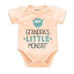 KNITROOT Grandparent Family Special Onesies, Unisex Baby Kids Cotton Lycra Envelope Neck Half Sleeve Peach Romper, Bodysuit, Sleepsuit, Grandpa's Little Monster, 9-12 Months, Infant Cloths