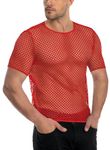 ADOREJOY Men’s Fishnet Shirts See Through Tops Short Sleeve Slim Fitted Crewneck Muscle Tees (Red, M)