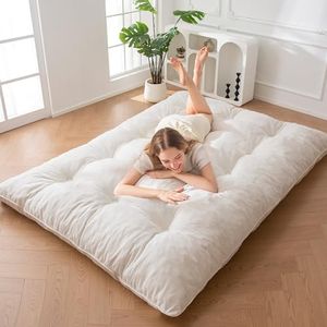 MAXYOYO Japanese Floor Mattress Full Size, 6" Foldable Futon Mattress Tufted Roll Up Floor Bed, Thick Chenille Tatami Mat Sleeping Pad for Camping Guest Room Dormitory Bedroom RV, Beige