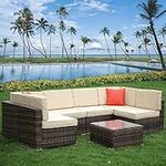 bigzzia 6 Seats Garden Furniture Set, Patio Rattan Dining Table Set Wicker Weave Corner Sofa Seat Glass Coffee Table Conversation Set With Cushions and Pillows For Lawn Backyard Poolside