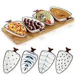 yarlung Set of 4 Ceramic Pinch Bowl with Bamboo Tray - Decorative Fish Shaped Chips and Dip Serving Dish Platters for Appetizers, Sushi, Desserts Measuring 5 inches/12.7cm