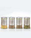 Wringo 550Ml Stainless Steel Canister Glass Jar With Lid,Premium Pantry Organizers Containers&Perfect Kitchen Storage For Canning Cereal,Coffee,Sugar,Tea,Pasta&Beans Containers Set Of 4,Transparent