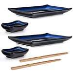 Hinomaru Collection Reactive Glaze Porcelain Blossom Design 6 Piece Sushi Dinner Set Rectangular Sushi Plate Sauce Dish and Chopsticks Sushi Dinner Set for Two (Aurora Blue)