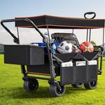 YITAHOME Large Collapsible Wagon w/Removable Canopy, Heavy Duty Outdoor Folding Wagon Cart w/Adjustable Handles and Flexible Swivel Wheels Utility Wagon for Camping, Shopping, Sports, Beach - Black