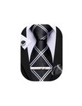 Barry.Wang Man Black White Stripe Ties Set Silk Plaid Necktie Pocket Square Cufflink Tie Clip Business Wedding