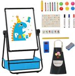 Mekidulu Easel Kids,63cm-107cm Adjustable 360° Rotating-Double Sided Iron Kids Easel-with Apron, Alphabet Cartoon. Kids Magnetic Whiteboard with Pencil and Eraser,Blackboard for Kids.(Black)