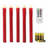 Rhytsing Set of 5 Red Battery Operated Taper Candles with Remote, Led Dining Candle, Push Button, Dripping Wax Finish, Warm White Led Light, Batteries Included