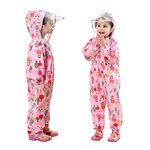 Baogaier Girls Raincoat Kids Hooded Rains Puddle Suit Poncho Rainwear Jumpsuit Pink Floral Coverall One Piece Lightweight Portable Waterproof Rainsuit Jacket PVC Transparent Hat Brim Age 3-5 Years