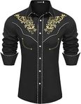 JoZorro Men's Long Sleeve Pearl Snap Shirt Rhinestone Cowboy Cut Western Embroidered Casual Button Down Shirt, Black Gold, X-Large