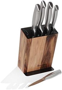 Stanley Rogers Black Acacia Knife Block Set, Stainless Steel Cook's, Bread, Carving, Utility and Paring knives, 1 knife block (colour: brown, silver), quantity: 1 set, 6 pieces