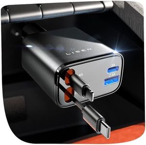 LISEN Retráctil Cargador Coche Carga Rápida 69W, Accesorios Coche Camper Furgoneta para iPhone 16 Pro MAX/e 15 Cargador Mechero USB C 12V para Samsung S25 Xiaomi Regalos Originales Mujer Gadgets