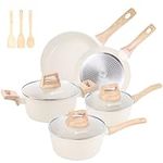 M MELENTA Pots and Pan Set, 11pcs Nonstick Cookware Set Induction Cookware, Granite Cooking Set Pots and Pans, Stay Cool Handle & Bamboo Kitchen Utensils, 100% PFOA Free, Cream White