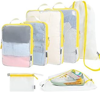 PFEYRPK Premium Compression Packing Cubes with See Through Mesh for Suitcases, Expandable Travel Organizers Shoe Bag, Backpack Bag and Cable 7 Set. White Mesh/Clear yellow