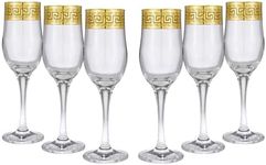 Joseph Sedgh Collection Greek Key Champagne Flute Glasses Set of 6-6.8 oz Round Cylinder Champagne Glasses with Stem, Dishwasher Safe Premium European Grade Glassware