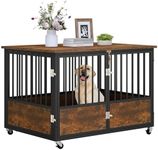 YITAHOME 43" Dog Crate Furniture with Wheels, Wooden Side End Table, Double-Doors Dog Kennel Indoor for Small/Medium/Large Dogs, Escape Proof Dog House Dog Cage, Rustic Brown