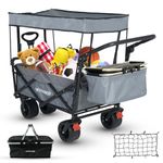 SKYMANOR 3-in-1 Foldable Garden Cart with Canopy for Kids & Cargo, EZ Folding Outdoor Stroller with Adjustable Handle Bar, All-Terrain Wheels, 300LBS, 2 Cup Holders, Seat Belt-Grey