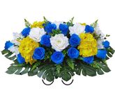 AILVEMEE Headstone Flower Saddle for Graves,Saddle Flowers for Headstone,Artificial Cemetery Flowers for grave-Non-Bleed Colors,Handmade,Easy Fit Firmly:Blue Rose,Yellow Hydrangea