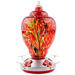 WOSIBO Hummingbird Feeder for Outdoors Patio Large 34 Ounces Colorful Hand Blown Glass Hummingbird Feeder with Ant Moat Hanging Hook, Rope, Brush and Service Card (RED-Firework)