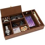 BELLE VOUS Valet Tray - Brown Faux Leather Nightstand Organiser Tray - 6 Compartment Desk Storage Box For Wallet, Phone, Keys, Jewellery, Men's Accessories, Money, Cufflinks - Catchall for Bedside