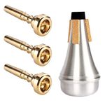 3 Pack Trumpet Mouthpiece (3C 5C 7C) with Lightweight Aluminum Practice Trumpet Mute Silencer Fit for Yamaha Bach Conn King Replacement Musical Instruments Accessories, Gold