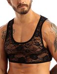 FEESHOW Mens See-Through Floral Lace Tank Tops Sissy Underrwear Muscle Crop Tops Shirts Camisole Black L