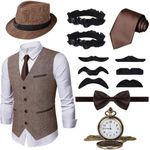 JONRRYIN 1920s Mens Costume Accessories Set, Gangster Costume Mens, Roaring 20s Costumes Men for Halloween, Party Costumes (Brown, XL)