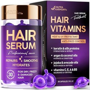 Hair Oil Capsules - Serum for Frizzy, Damaged & Dry Hair - Keratin Treatment w/ Argan | Silk Protein | Jojoba | Coconut - Hair Vitamins A, E, B5 - Leave-in, Anti-Frizz, Hydrating for Women - 30 Count