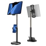 Tablet Stand built-in Phone Holder,Klearlook 2 in 1 Height Adjustable to 24.4"Tablet Holder,360°Rotating&Clamp Adjustable Tablet Phone Mount for iPad,Switch,Galaxy Tab, 4.7-12.9" Devices-Black