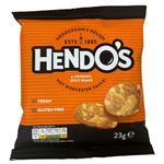 Hendo's Healthy Snacks. Spicy Henderson's Relish flavour, like Worcestershire Sauce! Gluten Free and Vegan alternative to Crisps. High Protein, Low in Fat. Soya and Potato Pop Chips 24x23g