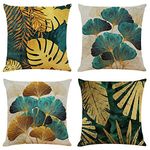 BCKAKQA Throw Pillow Cases Pack of 4 Green and Gold Leaves Cushion Covers 18x18 inch Linen Square Throw Pillow Covers for Living Room Sofa Couch Bed Pillowcases 45cm x 45cm