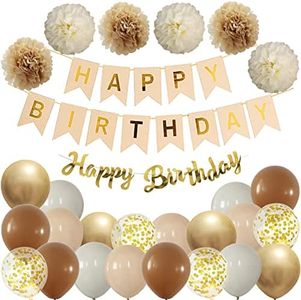 Happy Birthday, in legno boho di compleanno, decorazione per feste di compleanno, ghirlanda, palloncini, colore cachi, beige, 6 pompon, decorazione di compleanno, ragazza e ragazzo