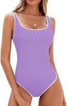 BMJL Women's One Piece Swimsuit Sports Adjustable Strap Bathing Suit Color Block Ribbed High Cut Swimsuits(XL,Lavender Purple)