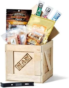 Man Crates, Exotic Meats Crate – Includes 6 Rare Jerky Flavors Like Venison, Alligator, Elk and Nut Snacks – Ships In A Sealed Wooden Crate With A Laser-Etched Crowbar