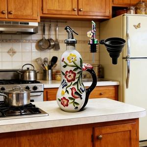 18 oz Hand-Painted Ceramic Relief Olive Oil Bottle Dispenser, with Handle Decorative Olive Oil Dispenser Bottle, Kitchen Ceramic Oil Vinegar Bottle Seasoning Bottle with Stainless Steel Spout & Funnel