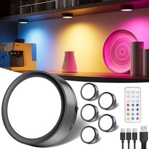 USB Rechargeable RGB Puck Lights with Remote, Black Color Changing Battery Powered Tap Light Classroom Magnetic Push lights Stick On Closet Lights Wireless LED Shelf Light Under Cabinet Touch Lights