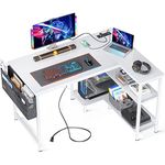 ODK 40 Inch Small L Shaped Gaming Computer Desk with Power Outlets, Reversible Storage Shelves & PC Stand for Home Office, Simple Writing Study Table with Storage Bag for Small Space, White