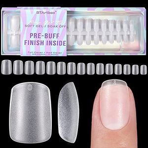 Gel Nails Short Square - BTArtbox X-Coat Tips Nar=tural with Tip Primer Cover, Stronger Nail Adhesion, Full Matte Soft Gel Nail Tips, Clear Nail Tips Fake Nails for Nail Extensions