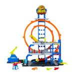 Hot Wheels Toy Car Track Set with Die-Cast Car & Helicopter, 2 Loops, Storage for 37 1:64 Scale Vehicles, Speed Snap Adapters, Mega Loop Garage, JLC05