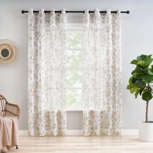 Treatmentex Cortinas traslúsidas con Estampado de Hojas para salón, Cortinas de Ventana botánicas para guardería, con Textura de Lino Claro, 140 cm Ancho,175 cm Alto, Blanco y marrón Claro 2 Piezas