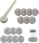 Stainless Steel Wool Brush Dish Scrubber with Handle Replacement Heads - Steel Scrubbing Scouring Pad Set of 16, Kitchen Cleaning Metal Dish Scrubber for Washing Dishes Grate Pot Pan Sink